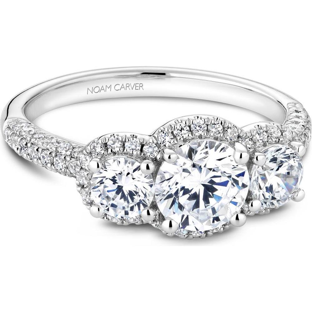 Round Cut Diamond Engagement Ring with Trio of Diamonds and Halos in White Gold by Noam Carver<em> - Choose Your Center Diamond: 1 to 5 Carats, Sustainable Lab-Grown or Natural Earth-Mined</em>