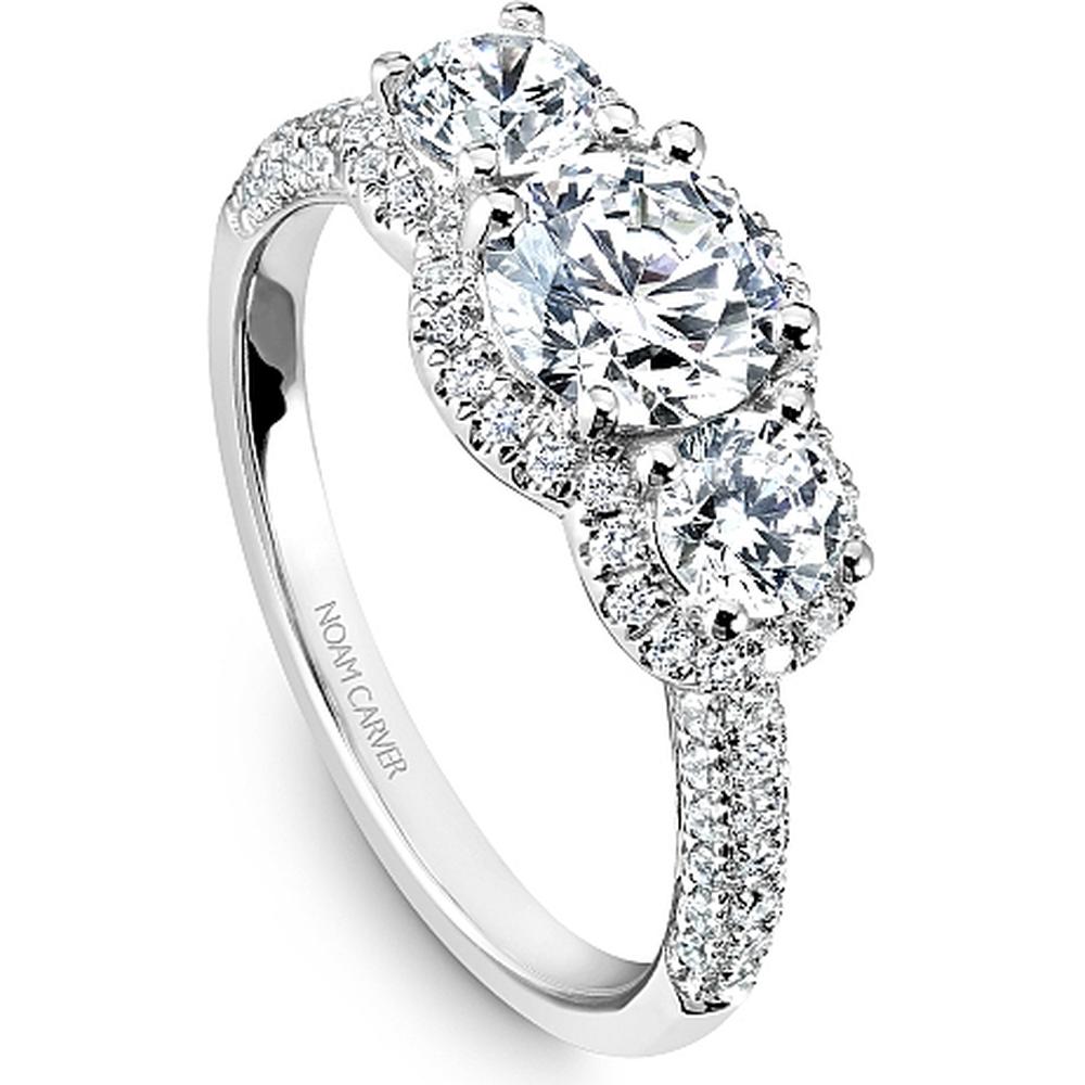 Round Cut Diamond Engagement Ring with Trio of Diamonds and Halos in White Gold by Noam Carver<em> - Choose Your Center Diamond: 1 to 5 Carats, Sustainable Lab-Grown or Natural Earth-Mined</em>