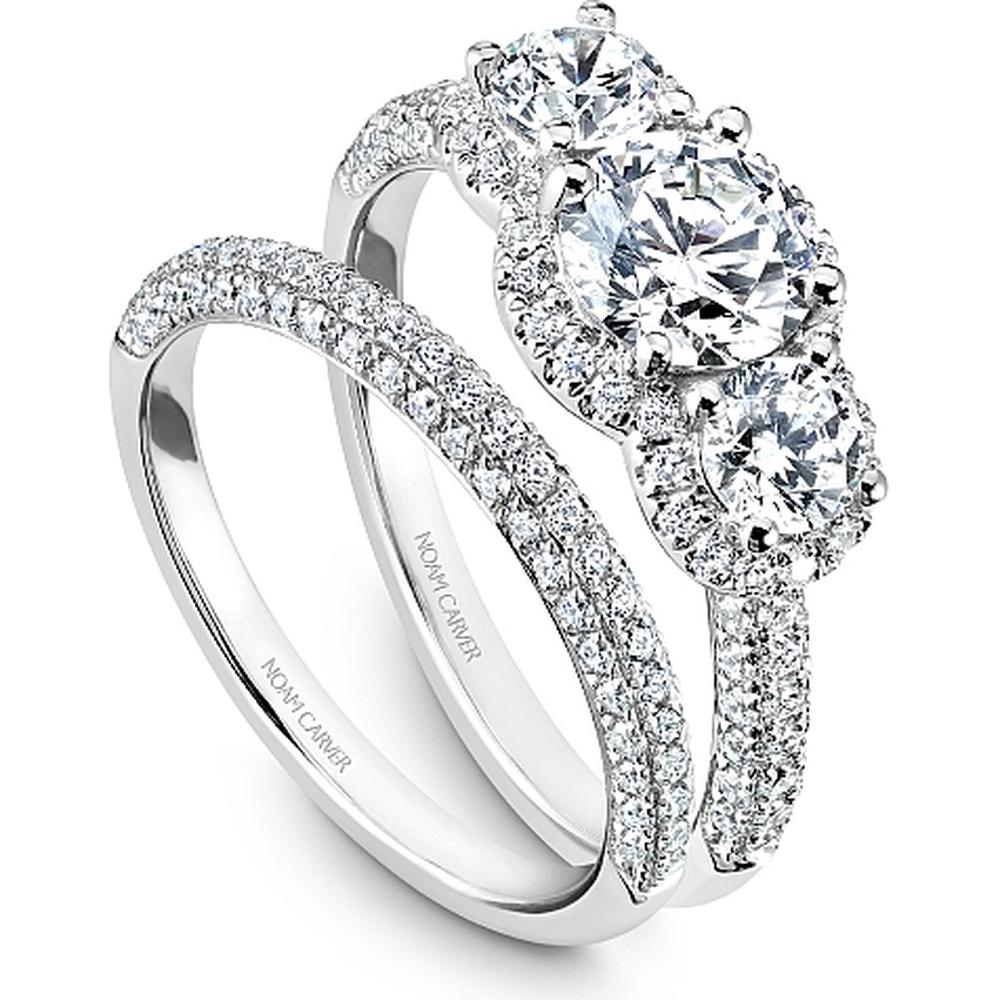 Round Cut Diamond Engagement Ring with Trio of Diamonds and Halos in White Gold by Noam Carver<em> - Choose Your Center Diamond: 1 to 5 Carats, Sustainable Lab-Grown or Natural Earth-Mined</em>