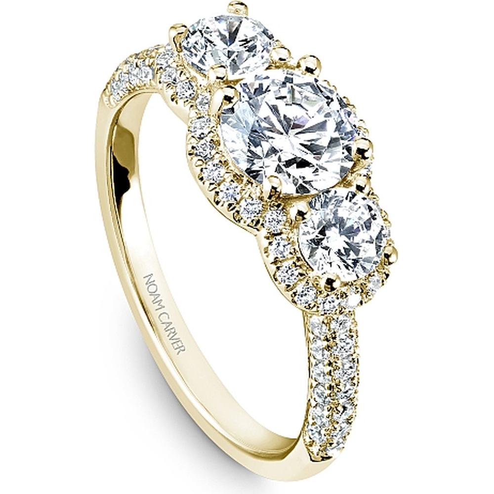 Round Cut Diamond Engagement Ring with Trio of Diamonds and Pavé Band in Yellow Gold by Noam Carver<em> - Choose Your Center Diamond: 1 to 5 Carats, Sustainable Lab-Grown or Natural Earth-Mined</em>