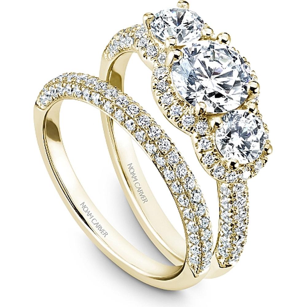 Round Cut Diamond Engagement Ring with Trio of Diamonds and Pavé Band in Yellow Gold by Noam Carver<em> - Choose Your Center Diamond: 1 to 5 Carats, Sustainable Lab-Grown or Natural Earth-Mined</em>