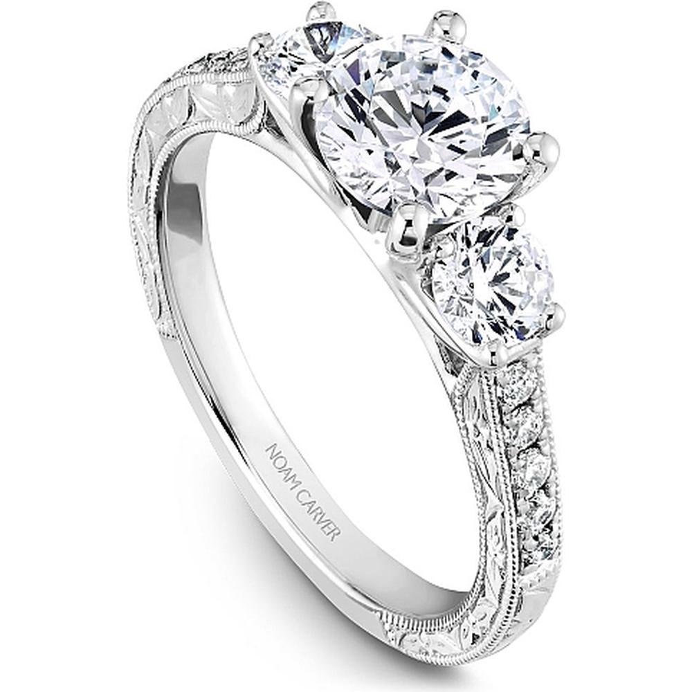 Round Cut Diamond Engagement Ring with Trio Setting and Pavé Band in White Gold by Noam Carver<em> - Choose Your Center Diamond: 1 to 5 Carats, Sustainable Lab-Grown or Natural Earth-Mined</em>