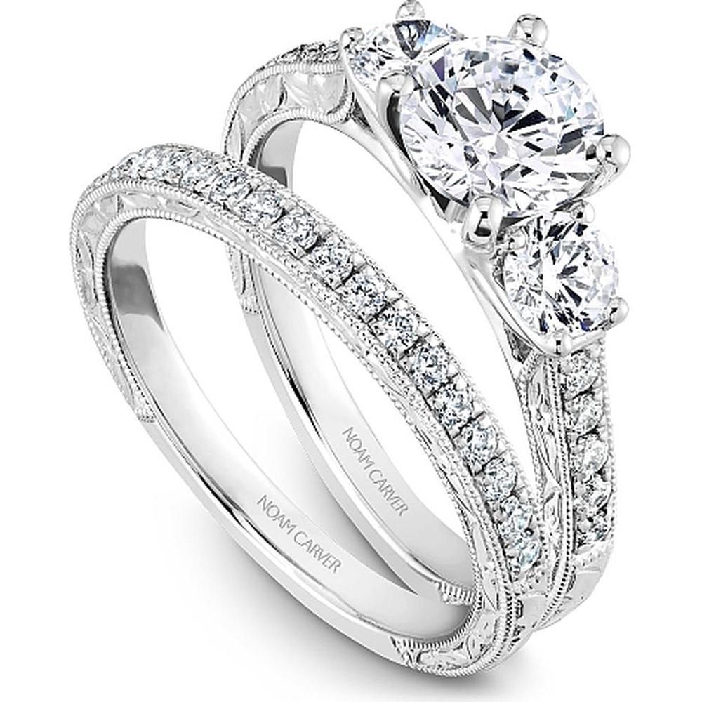 Round Cut Diamond Engagement Ring with Trio Setting and Pavé Band in White Gold by Noam Carver<em> - Choose Your Center Diamond: 1 to 5 Carats, Sustainable Lab-Grown or Natural Earth-Mined</em>