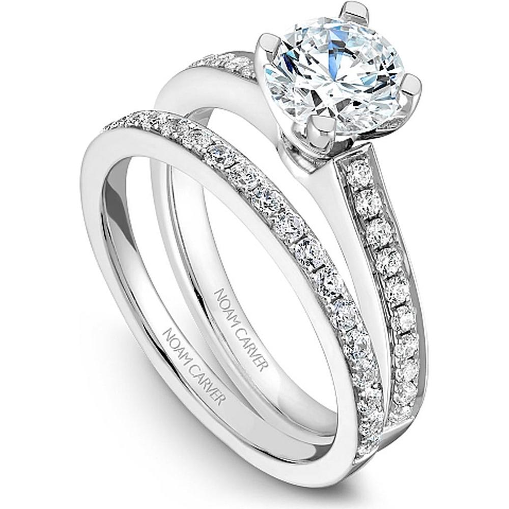 Round Cut Diamond Engagement Ring with Twist Prongs and Pav&eacute; Band in White Gold by Noam Carver<em> - Choose Your Center Diamond: 1 to 5 Carats, Sustainable Lab-Grown or Natural Earth-Mined</em>