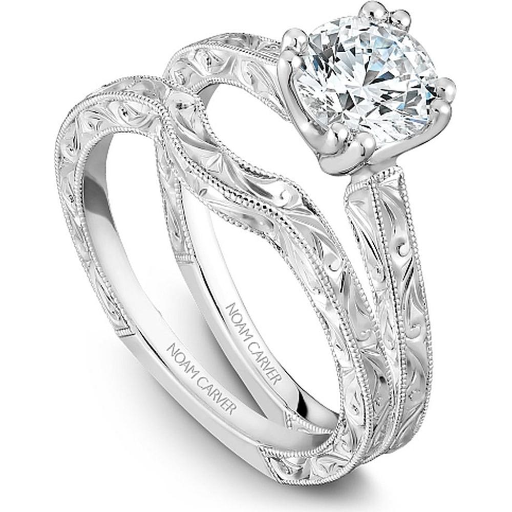 Round Cut Diamond Solitaire Engagement Ring with Hand-Engraved White Gold Band by Noam Carver<em> - Choose Your Center Diamond: 1 to 5 Carats, Sustainable Lab-Grown or Natural Earth-Mined</em>