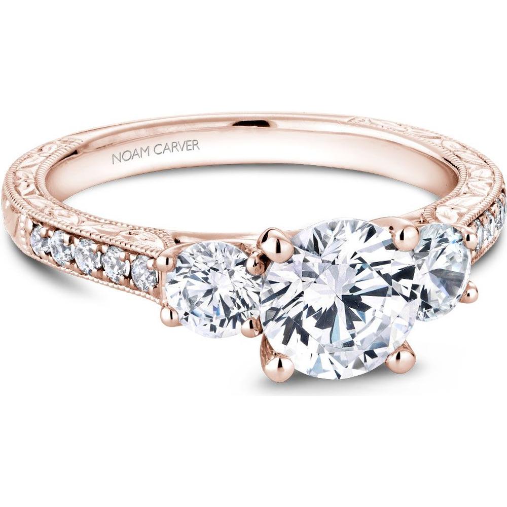 Round Cut Diamond Three-Stone Engagement Ring with Engraved Pavé Band in Rose Gold by Noam Carver<em> - Choose Your Center Diamond: 1 to 5 Carats, Sustainable Lab-Grown or Natural Earth-Mined</em>