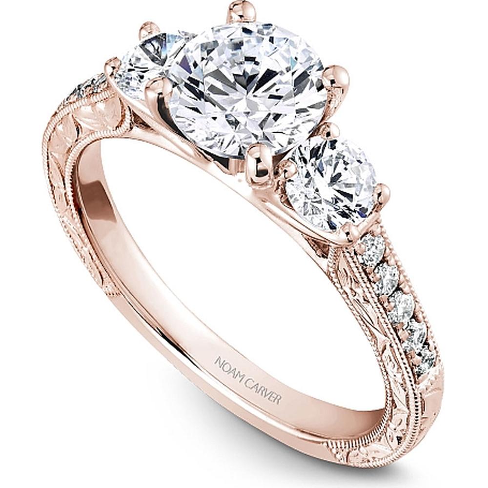 Round Cut Diamond Three-Stone Engagement Ring with Engraved Pavé Band in Rose Gold by Noam Carver<em> - Choose Your Center Diamond: 1 to 5 Carats, Sustainable Lab-Grown or Natural Earth-Mined</em>