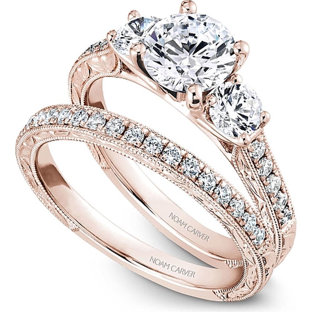 Round Cut Diamond Three-Stone Engagement Ring with Engraved Pavé Band in Rose Gold by Noam Carver<em> - Choose Your Center Diamond: 1 to 5 Carats, Sustainable Lab-Grown or Natural Earth-Mined</em>