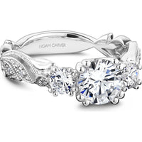 Round Cut Diamond Three-Stone Engagement Ring with Milgrain Detailing and Leaf Engravings in White Gold by Noam Carver<em> - Choose Your Center Diamond: 1 to 5 Carats, Sustainable Lab-Grown or Natural Earth-Mined</em>