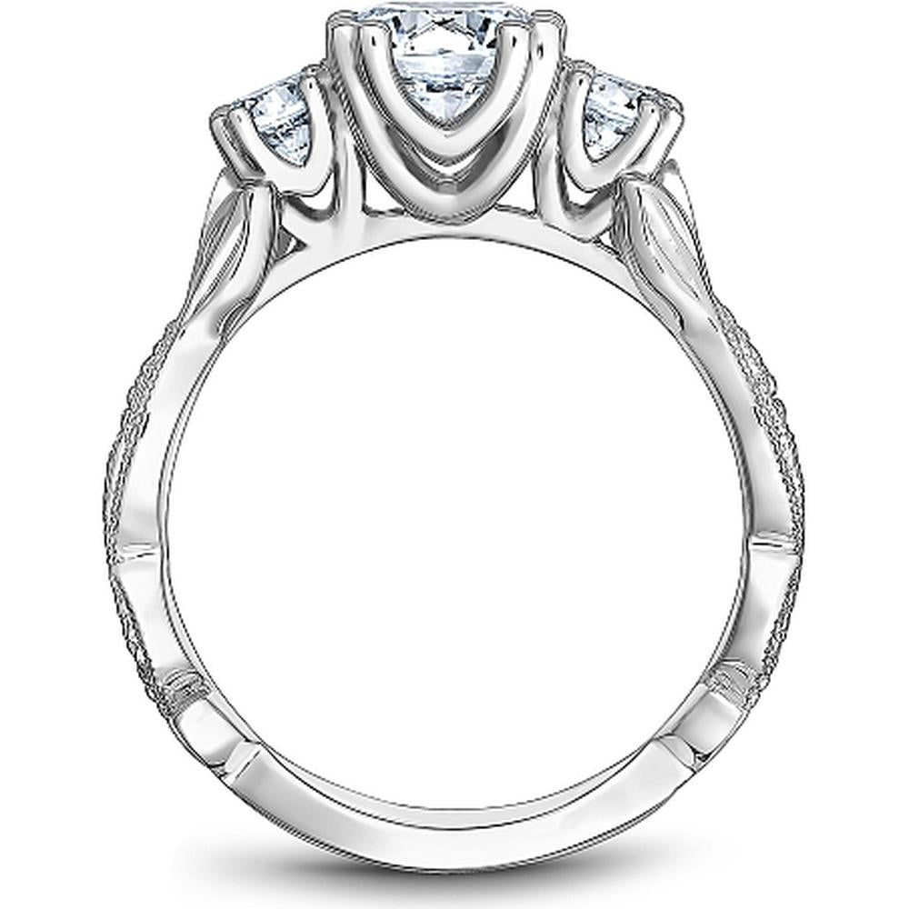 Round Cut Diamond Three-Stone Engagement Ring with Milgrain Detailing and Leaf Engravings in White Gold by Noam Carver<em> - Choose Your Center Diamond: 1 to 5 Carats, Sustainable Lab-Grown or Natural Earth-Mined</em>