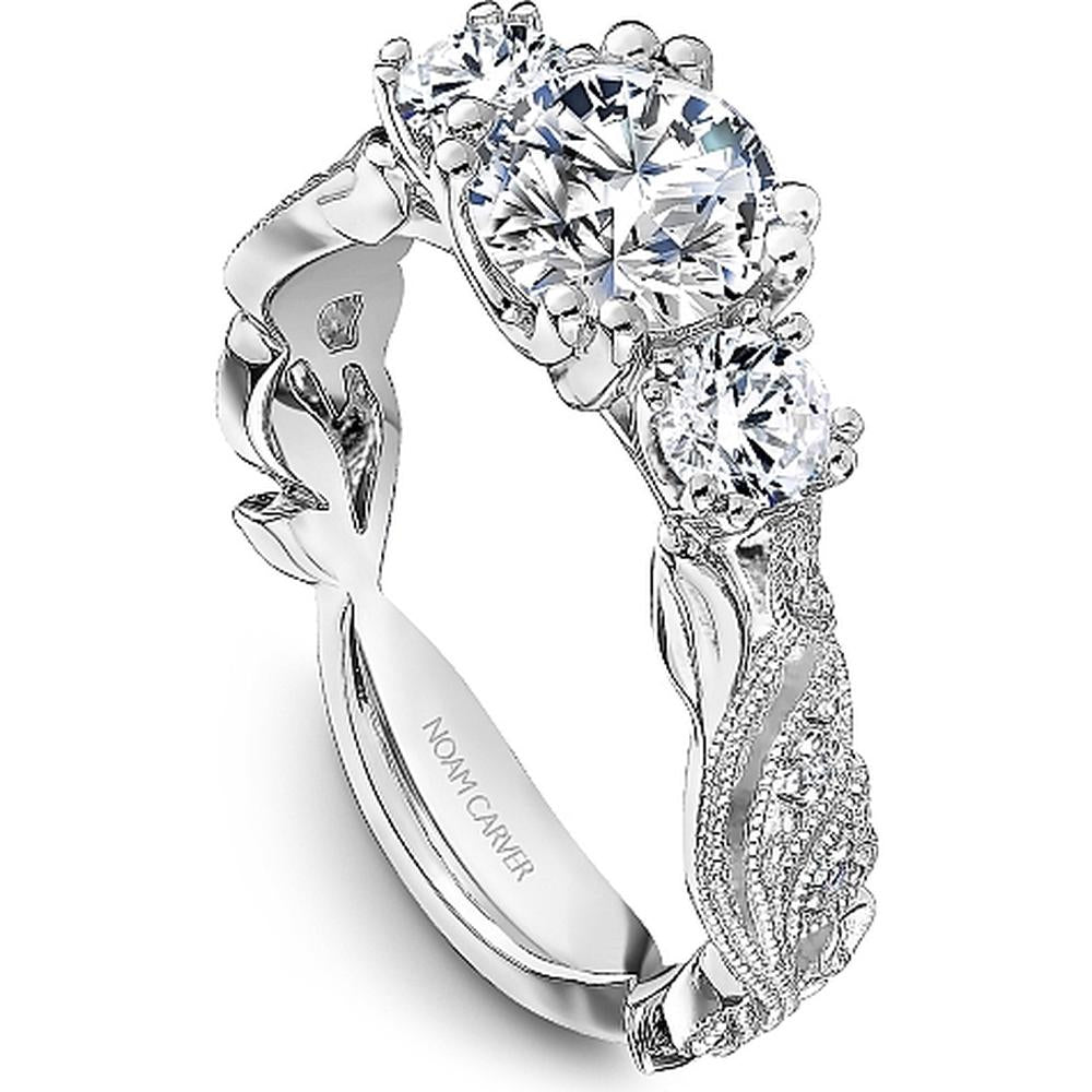 Round Cut Diamond Three-Stone Engagement Ring with Milgrain Detailing and Leaf Engravings in White Gold by Noam Carver<em> - Choose Your Center Diamond: 1 to 5 Carats, Sustainable Lab-Grown or Natural Earth-Mined</em>