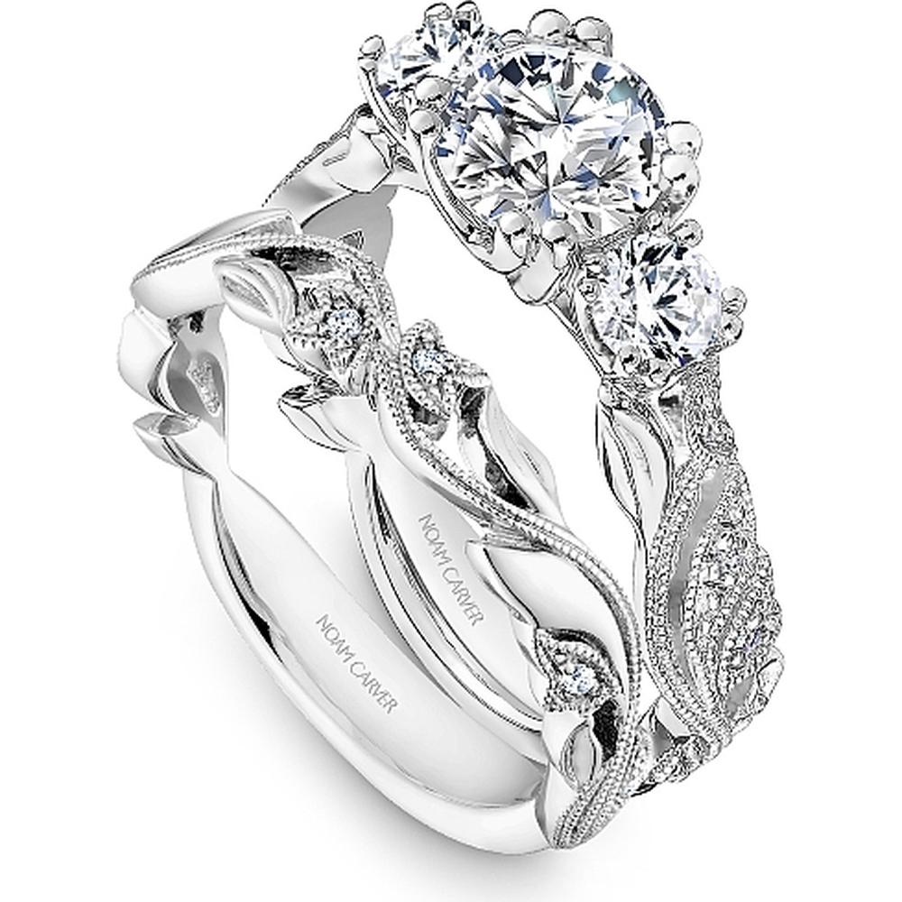 Round Cut Diamond Three-Stone Engagement Ring with Milgrain Detailing and Leaf Engravings in White Gold by Noam Carver<em> - Choose Your Center Diamond: 1 to 5 Carats, Sustainable Lab-Grown or Natural Earth-Mined</em>