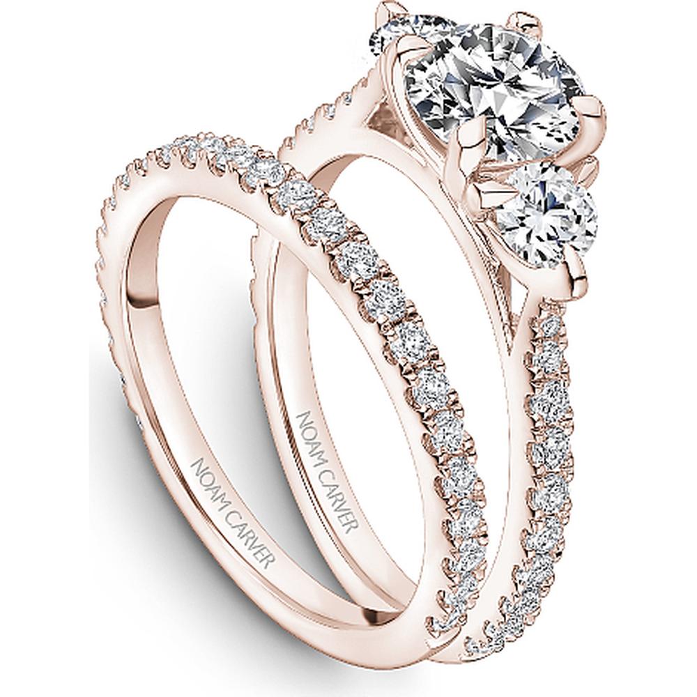 Round Cut Diamond Three-Stone Engagement Ring with Pavé Band in Rose Gold by Noam Carver<em> - Choose Your Center Diamond: 1 to 5 Carats, Sustainable Lab-Grown or Natural Earth-Mined</em>