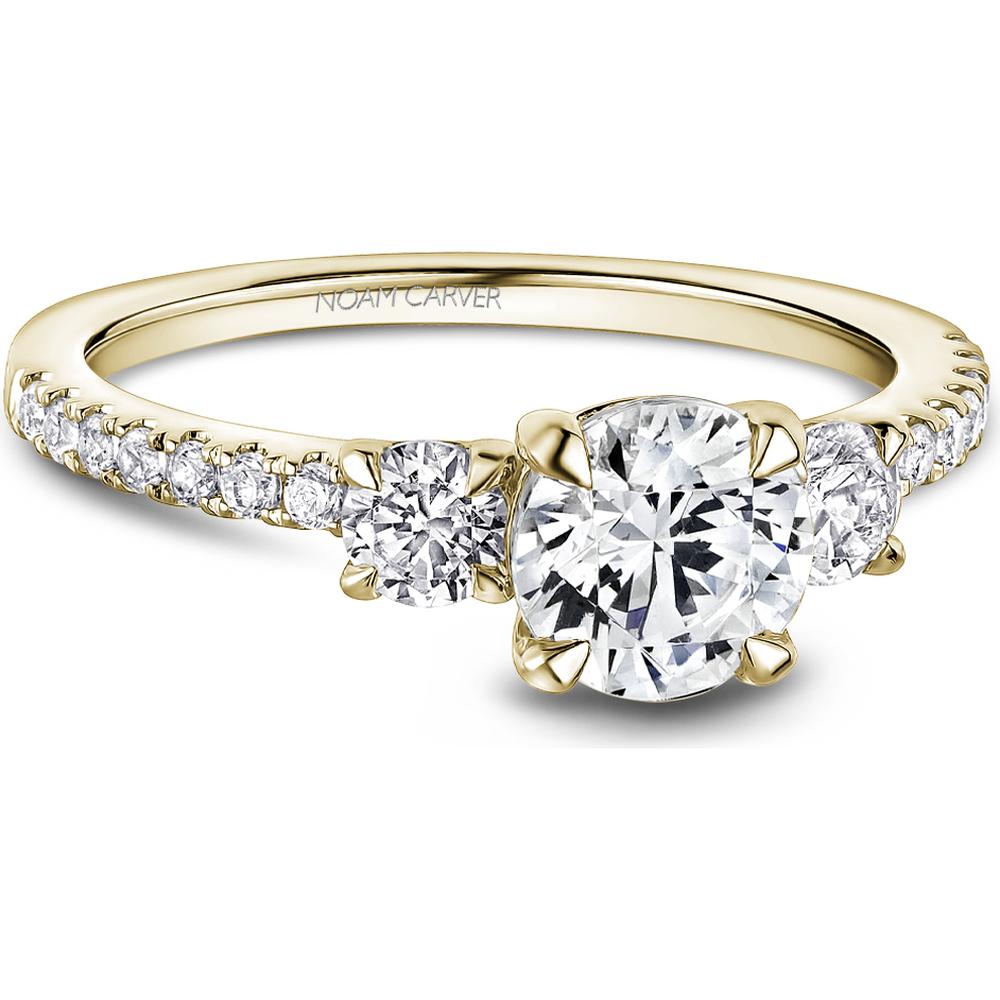 Round Cut Diamond Three-Stone Engagement Ring with Pavé Band in Yellow Gold by Noam Carver<em> - Choose Your Center Diamond: 1 to 5 Carats, Sustainable Lab-Grown or Natural Earth-Mined</em>