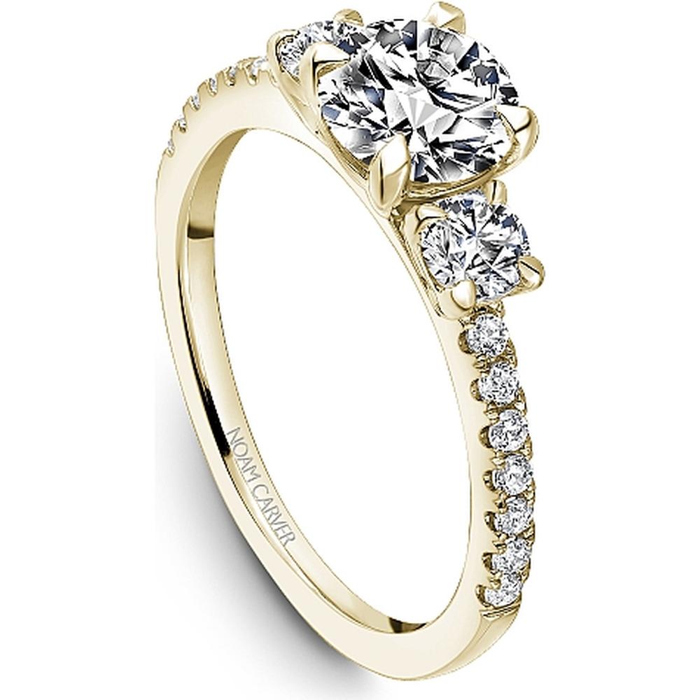 Round Cut Diamond Three-Stone Engagement Ring with Pavé Band in Yellow Gold by Noam Carver<em> - Choose Your Center Diamond: 1 to 5 Carats, Sustainable Lab-Grown or Natural Earth-Mined</em>