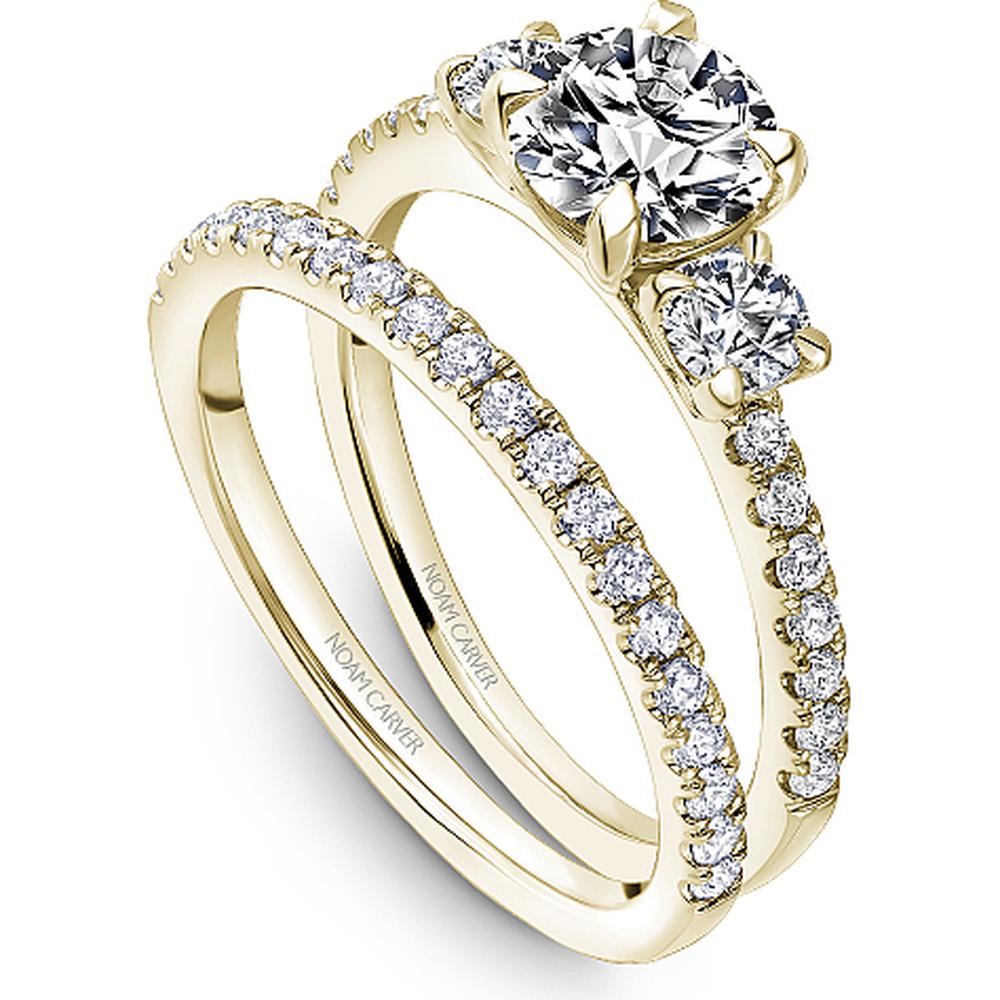 Round Cut Diamond Three-Stone Engagement Ring with Pavé Band in Yellow Gold by Noam Carver<em> - Choose Your Center Diamond: 1 to 5 Carats, Sustainable Lab-Grown or Natural Earth-Mined</em>
