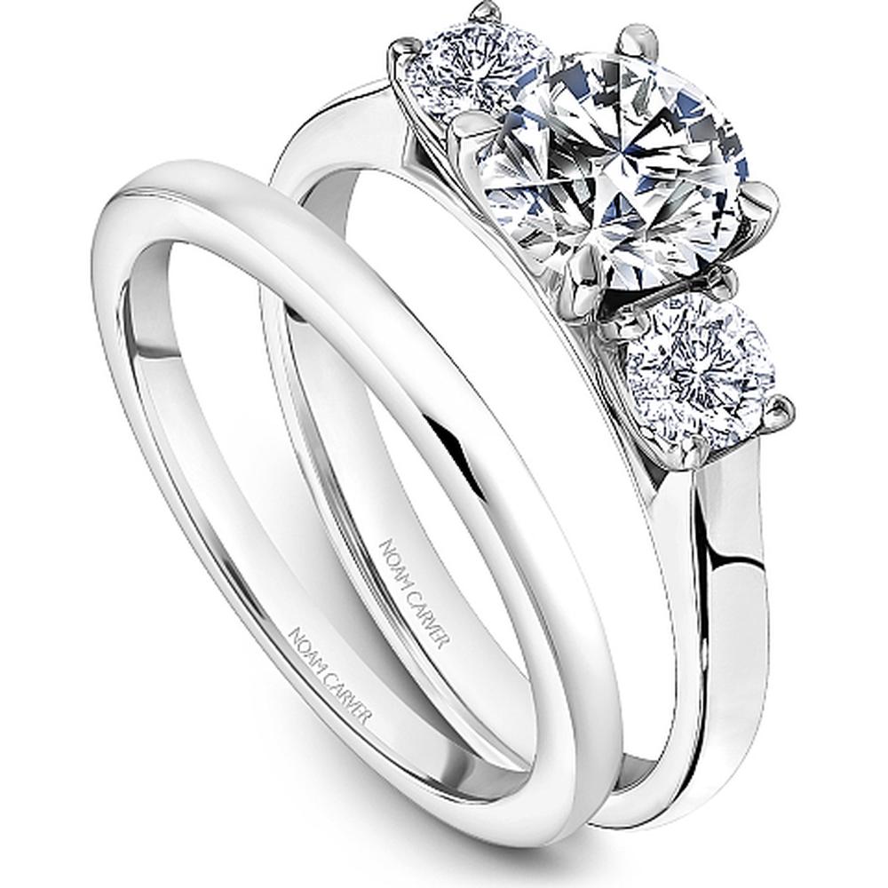 Round Cut Diamond Three-Stone Engagement Ring with Polished Band in White Gold by Noam Carver<em> - Choose Your Center Diamond: 1 to 5 Carats, Sustainable Lab-Grown or Natural Earth-Mined</em>