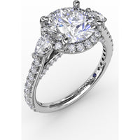 Round Diamond Halo Engagement Ring Setting with Pear-Shape Side Stones and Pavé Band by Fana - 0.78 Carat Total Diamond Weight