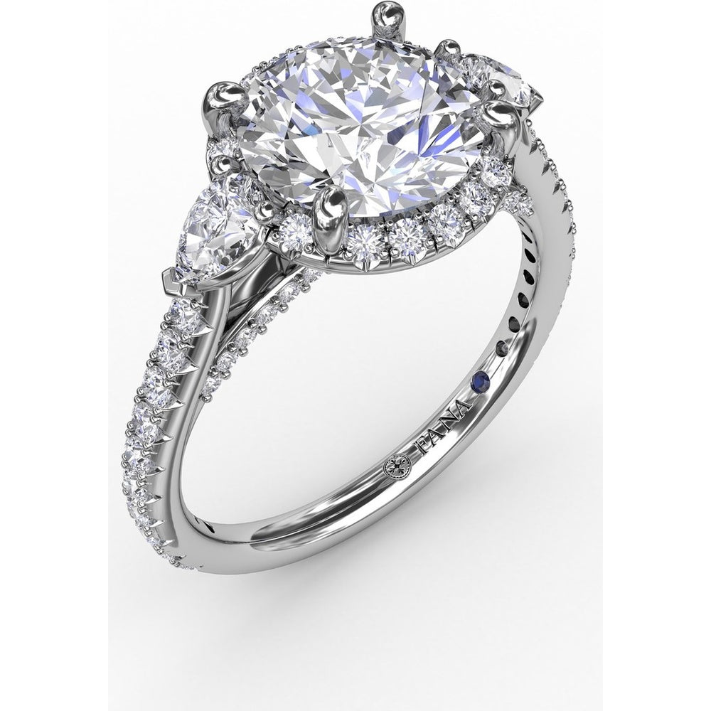 Round Diamond Halo Engagement Ring Setting with Pear-Shape Side Stones and Pavé Band by Fana - 0.78 Carat Total Diamond Weight