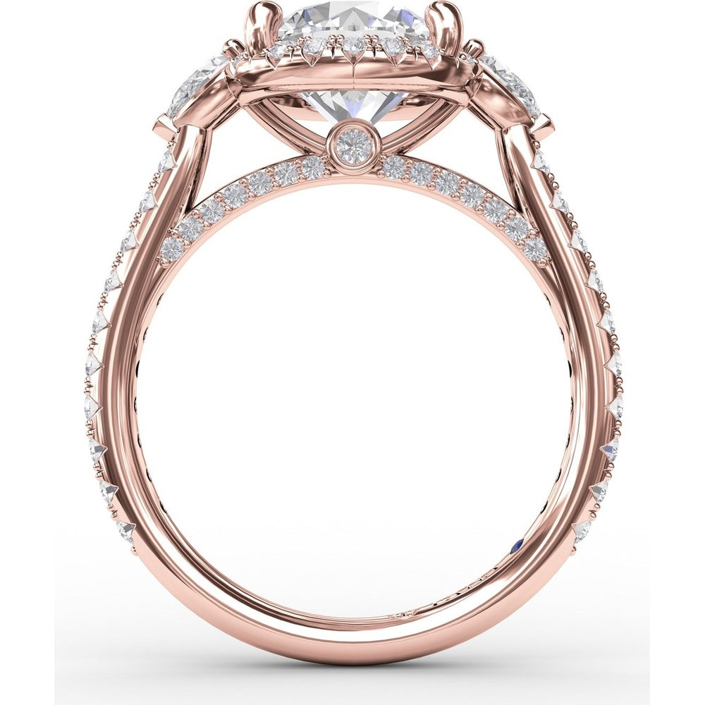 Round Diamond Halo Engagement Ring Setting with Pear-Shape Side Stones and Pavé Band by Fana - 0.78 Carat Total Diamond Weight