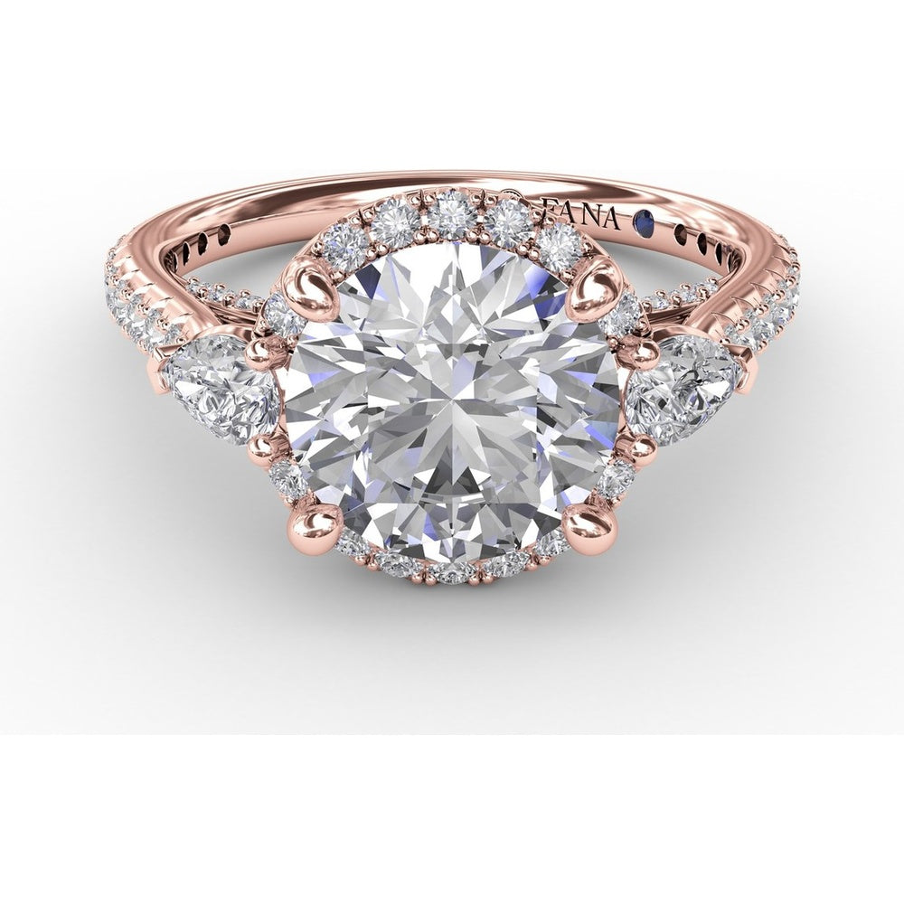 Round Diamond Halo Engagement Ring Setting with Pear-Shape Side Stones and Pavé Band by Fana - 0.78 Carat Total Diamond Weight