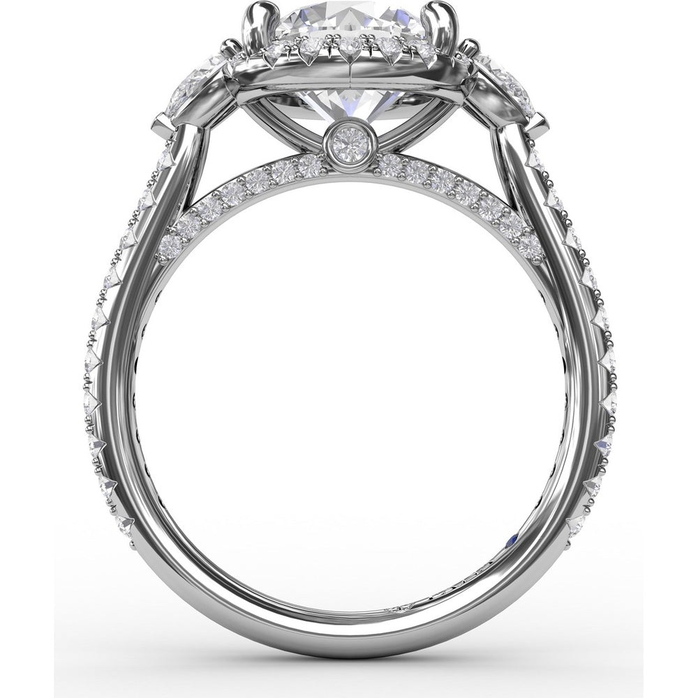 Round Diamond Halo Engagement Ring Setting with Pear-Shape Side Stones and Pavé Band by Fana - 0.78 Carat Total Diamond Weight