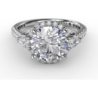 Round Diamond Halo Engagement Ring Setting with Pear-Shape Side Stones and Pavé Band by Fana - 0.78 Carat Total Diamond Weight