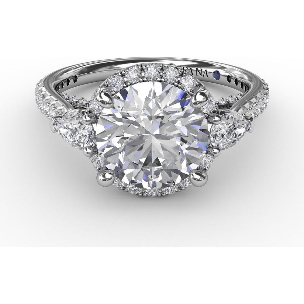 Round Diamond Halo Engagement Ring Setting with Pear-Shape Side Stones and Pavé Band by Fana - 0.78 Carat Total Diamond Weight