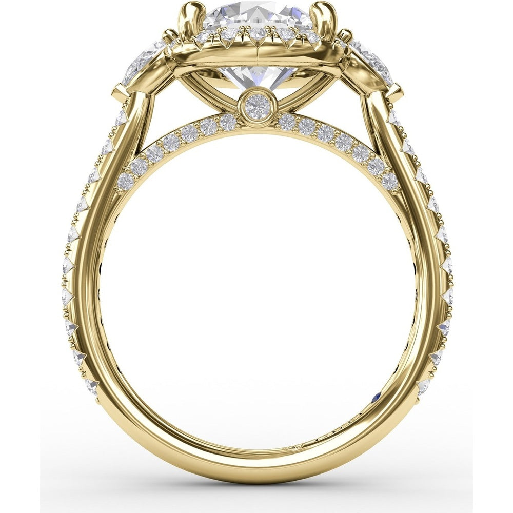 Round Diamond Halo Engagement Ring Setting with Pear-Shape Side Stones and Pavé Band by Fana - 0.78 Carat Total Diamond Weight