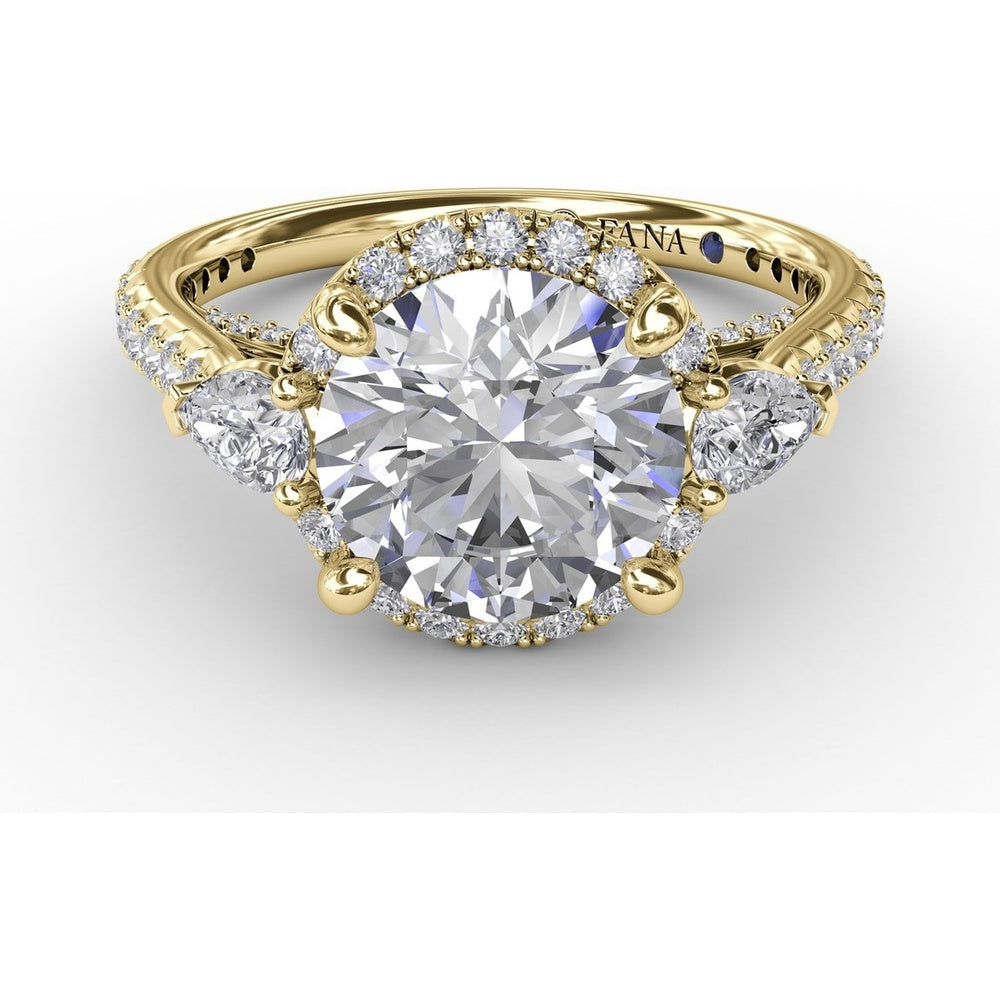 Round Diamond Halo Engagement Ring Setting with Pear-Shape Side Stones and Pavé Band by Fana - 0.78 Carat Total Diamond Weight