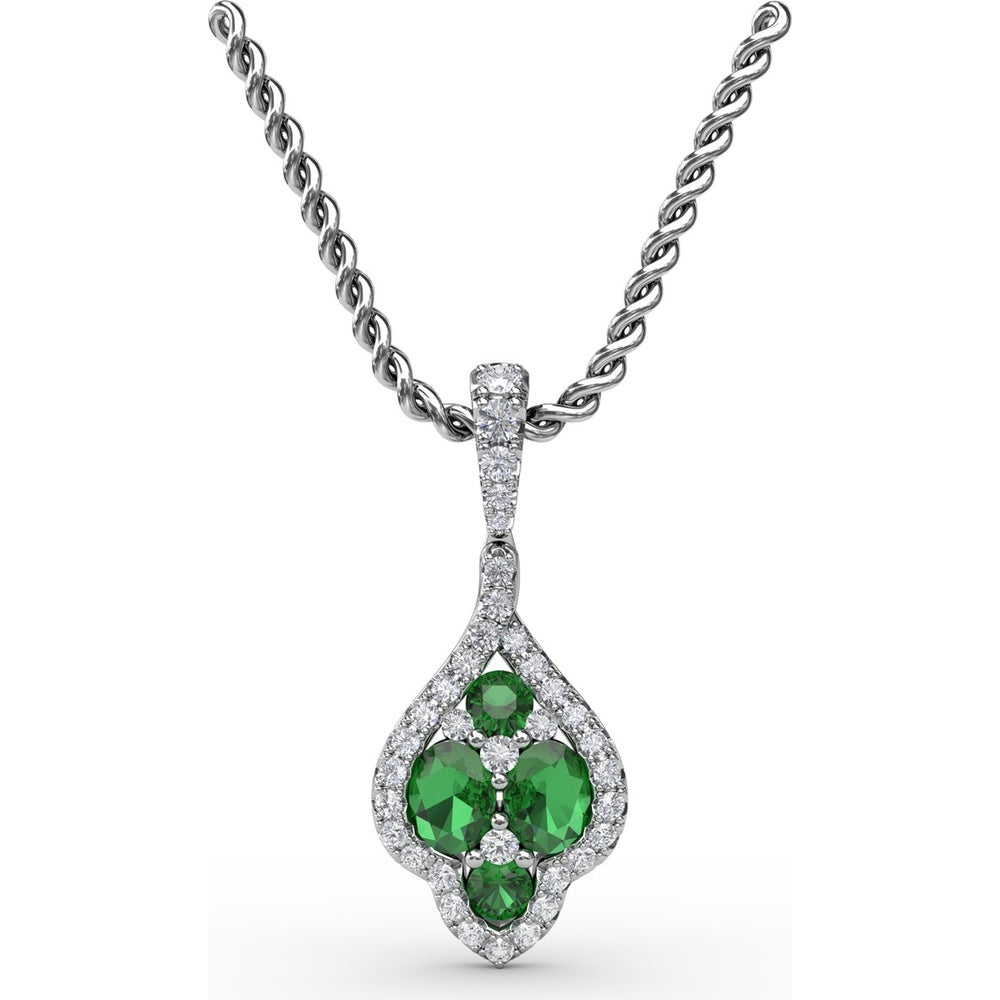 Round Emerald and Diamond Halo Cluster Pendant by Fana - 1.33 Carat Total Gemstone Weight