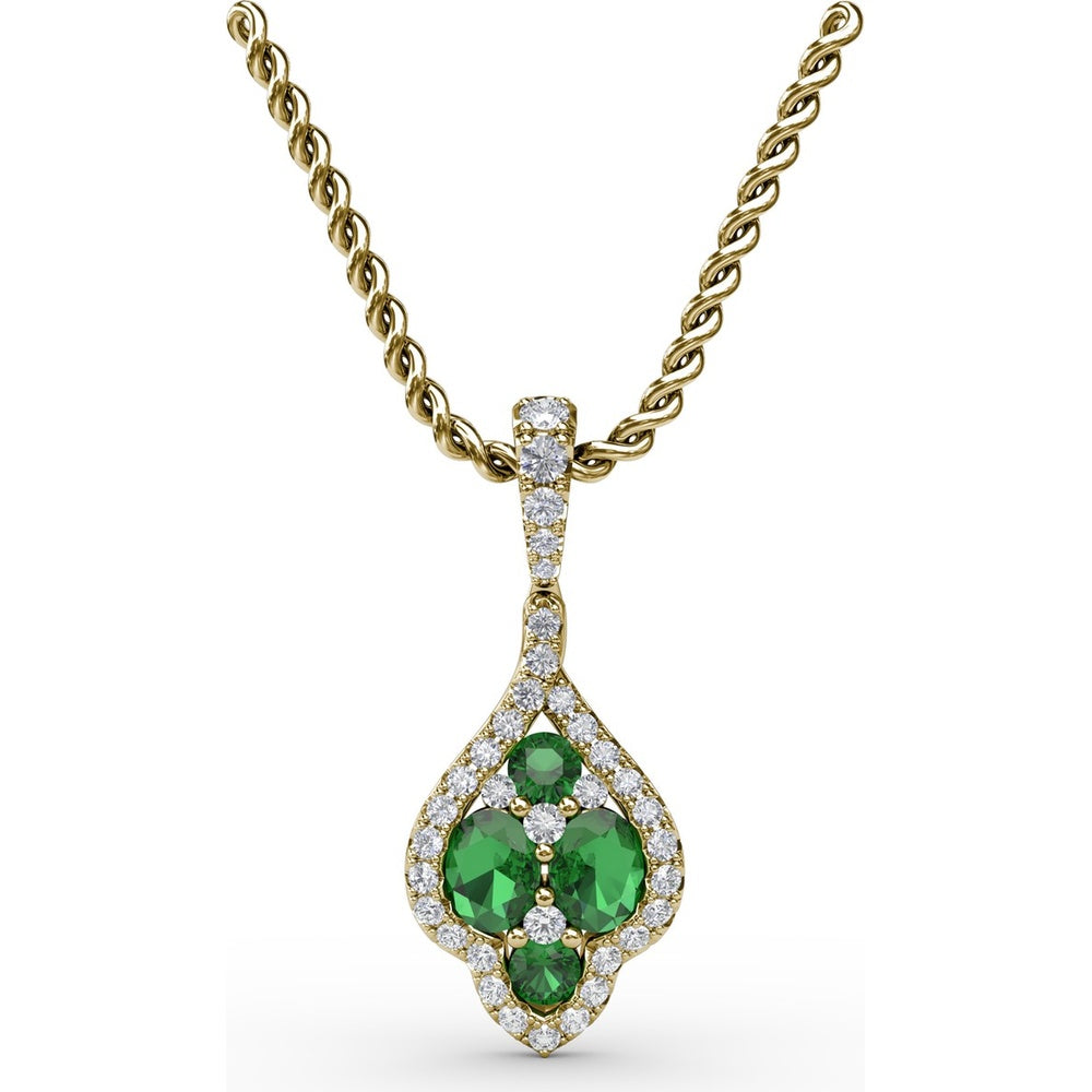 Round Emerald and Diamond Halo Cluster Pendant by Fana - 1.33 Carat Total Gemstone Weight