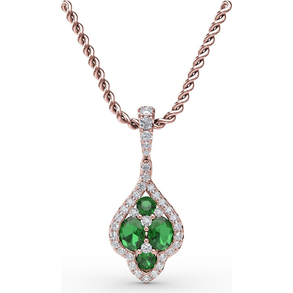 Round Emerald and Diamond Halo Cluster Pendant by Fana - 1.33 Carat Total Gemstone Weight
