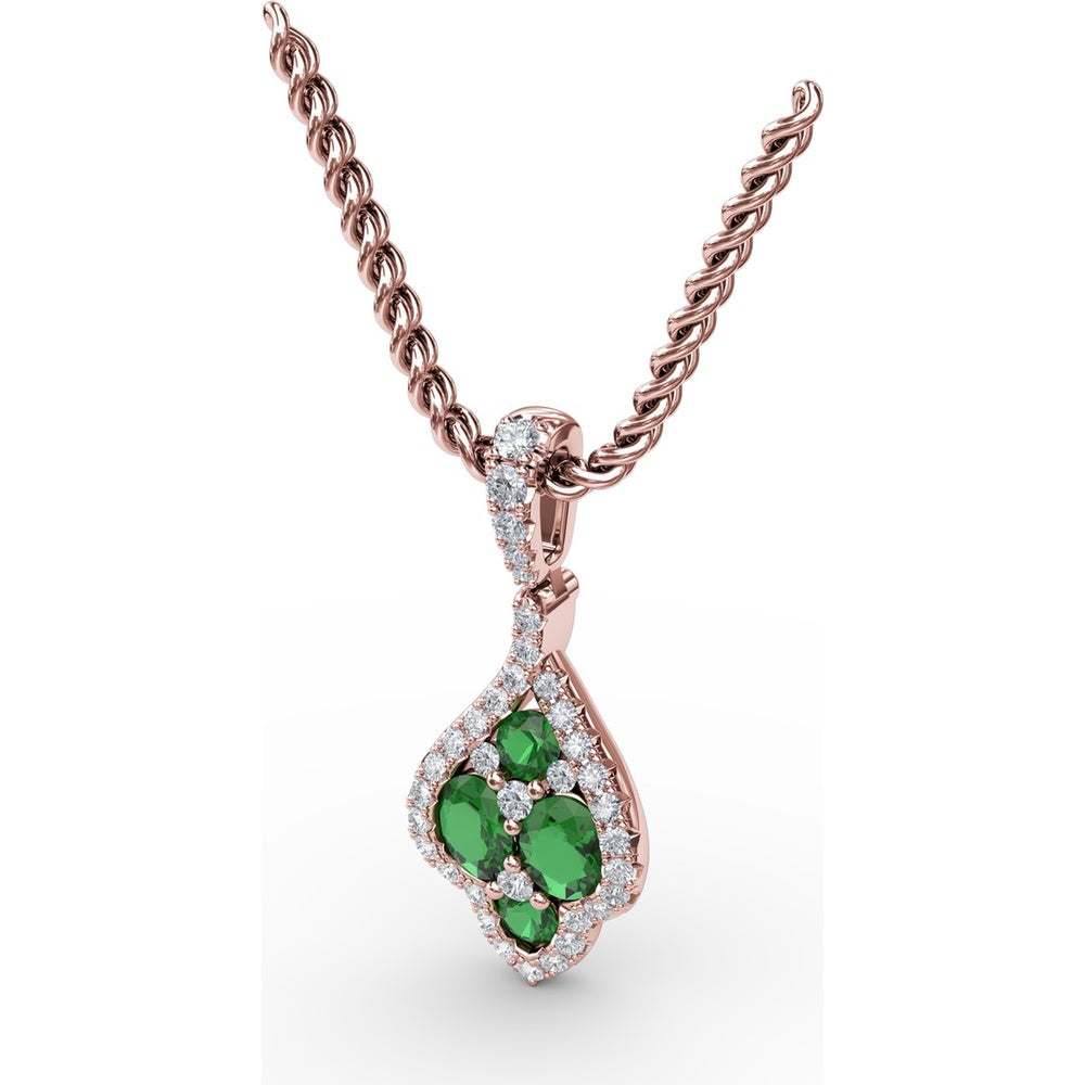 Round Emerald and Diamond Halo Cluster Pendant by Fana - 1.33 Carat Total Gemstone Weight