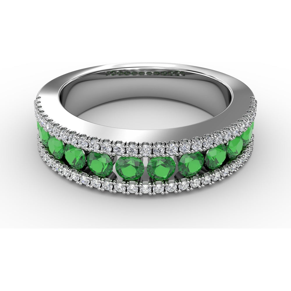 Round Emerald Channel Set Band with Pavé Diamond Borders by Fana - 1.13 Carat Total Gemstone Weight