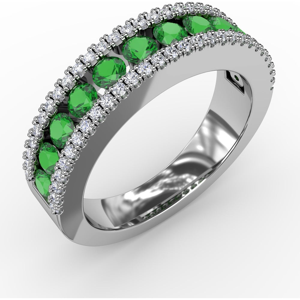 Round Emerald Channel Set Band with Pavé Diamond Borders by Fana - 1.13 Carat Total Gemstone Weight