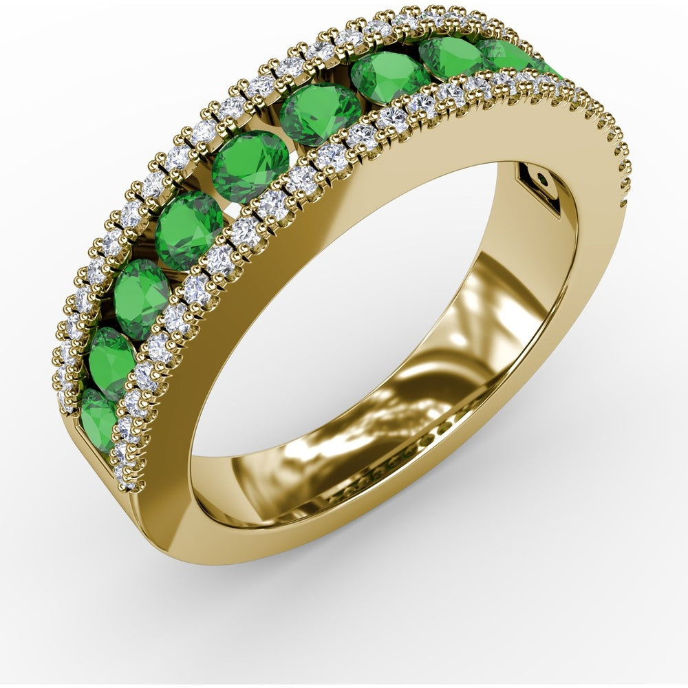 Round Emerald Channel Set Band with Pavé Diamond Borders by Fana - 1.13 Carat Total Gemstone Weight