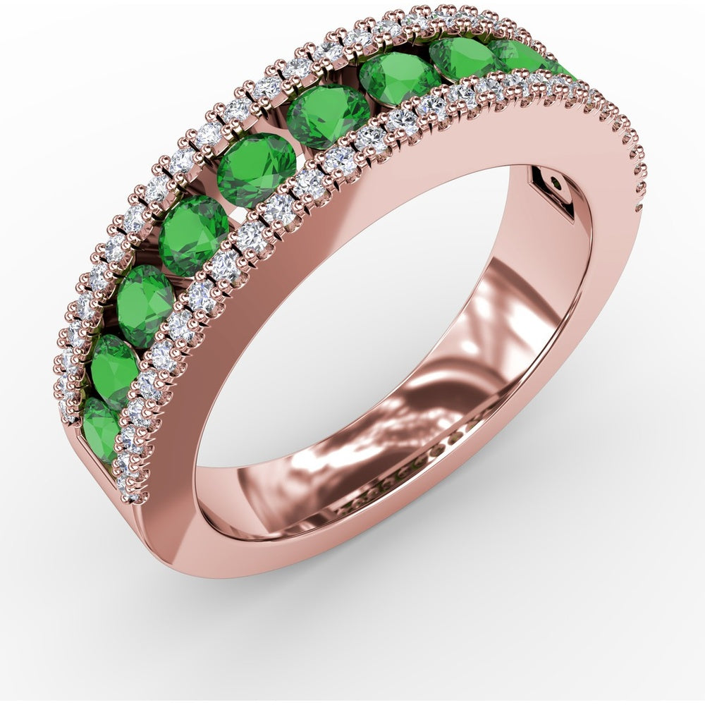 Round Emerald Channel Set Band with Pavé Diamond Borders by Fana - 1.13 Carat Total Gemstone Weight
