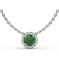 Round Emerald Halo Pendant Necklace with Pavé Diamonds by Fana - 0.58 Carat Total Gemstone Weight
