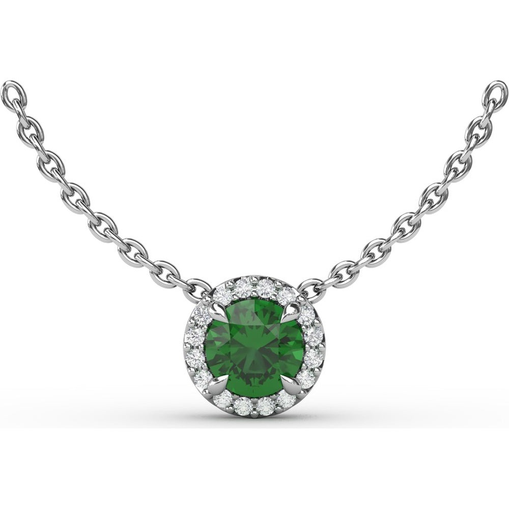 Round Emerald Halo Pendant Necklace with Pavé Diamonds by Fana - 0.58 Carat Total Gemstone Weight