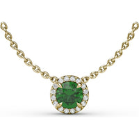 Round Emerald Halo Pendant Necklace with Pavé Diamonds by Fana - 0.58 Carat Total Gemstone Weight