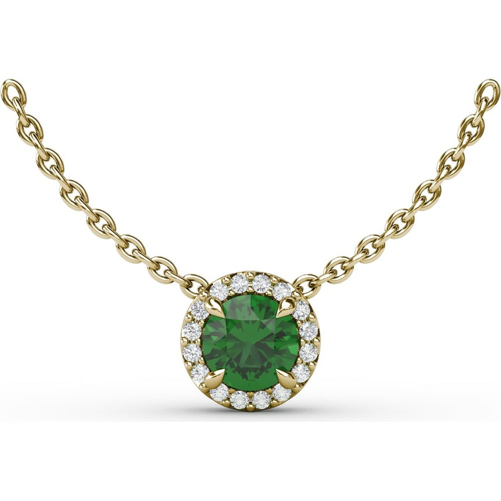 Round Emerald Halo Pendant Necklace with Pavé Diamonds by Fana - 0.58 Carat Total Gemstone Weight