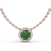 Round Emerald Halo Pendant Necklace with Pavé Diamonds by Fana - 0.58 Carat Total Gemstone Weight