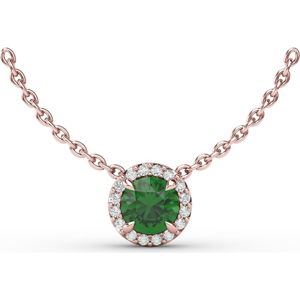 Round Emerald Halo Pendant Necklace with Pavé Diamonds by Fana - 0.58 Carat Total Gemstone Weight