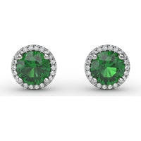 Round Emerald Stud Earrings with Diamond Halo by Fana - 1.73 Carat Total Gemstone Weight
