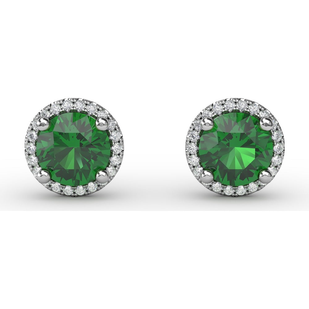Round Emerald Stud Earrings with Diamond Halo by Fana - 1.73 Carat Total Gemstone Weight
