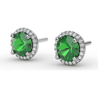 Round Emerald Stud Earrings with Diamond Halo by Fana - 1.73 Carat Total Gemstone Weight