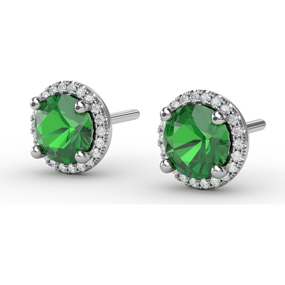 Round Emerald Stud Earrings with Diamond Halo by Fana - 1.73 Carat Total Gemstone Weight