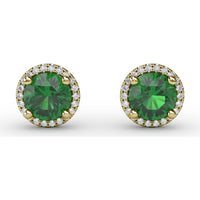 Round Emerald Stud Earrings with Diamond Halo by Fana - 1.73 Carat Total Gemstone Weight