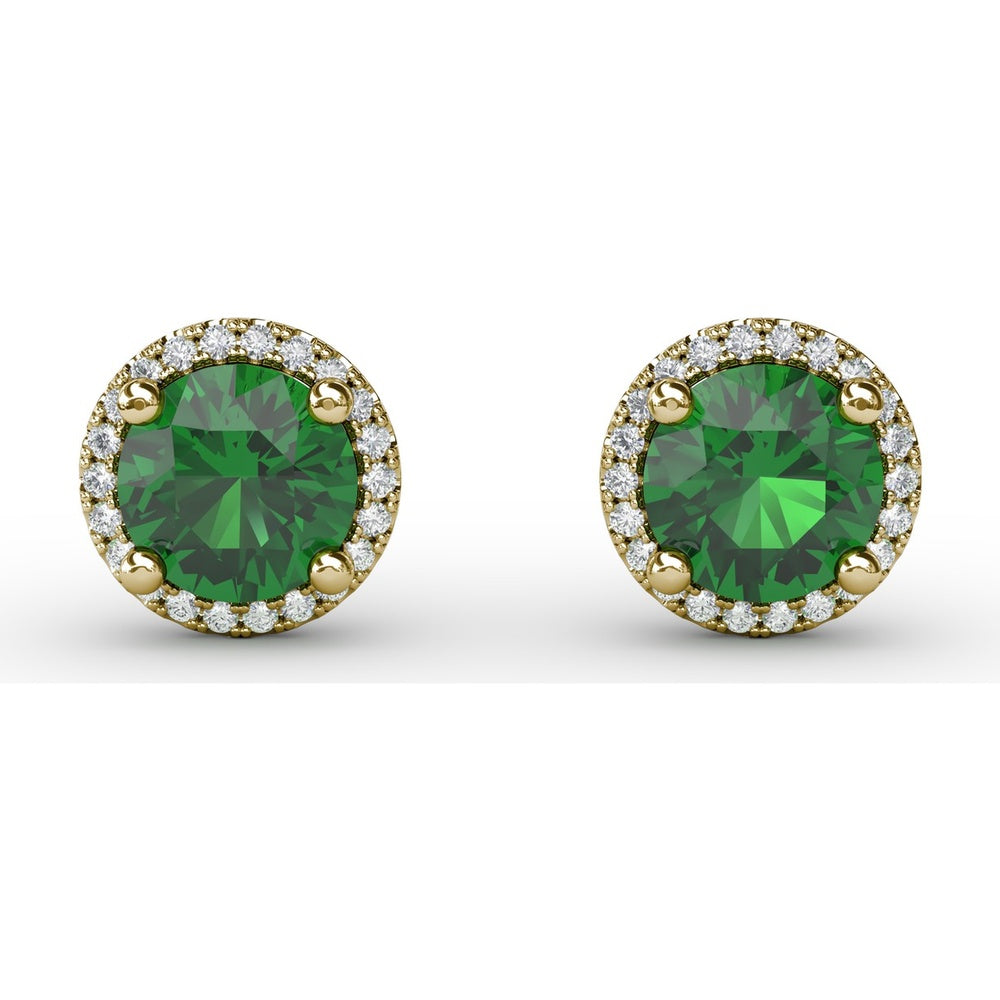 Round Emerald Stud Earrings with Diamond Halo by Fana - 1.73 Carat Total Gemstone Weight